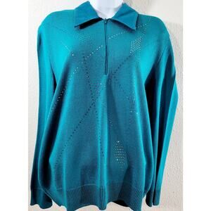 VTG Philippe Marques Teal Blue Green 1/4 Zip Rhinestone Sweater Top 16 Soft